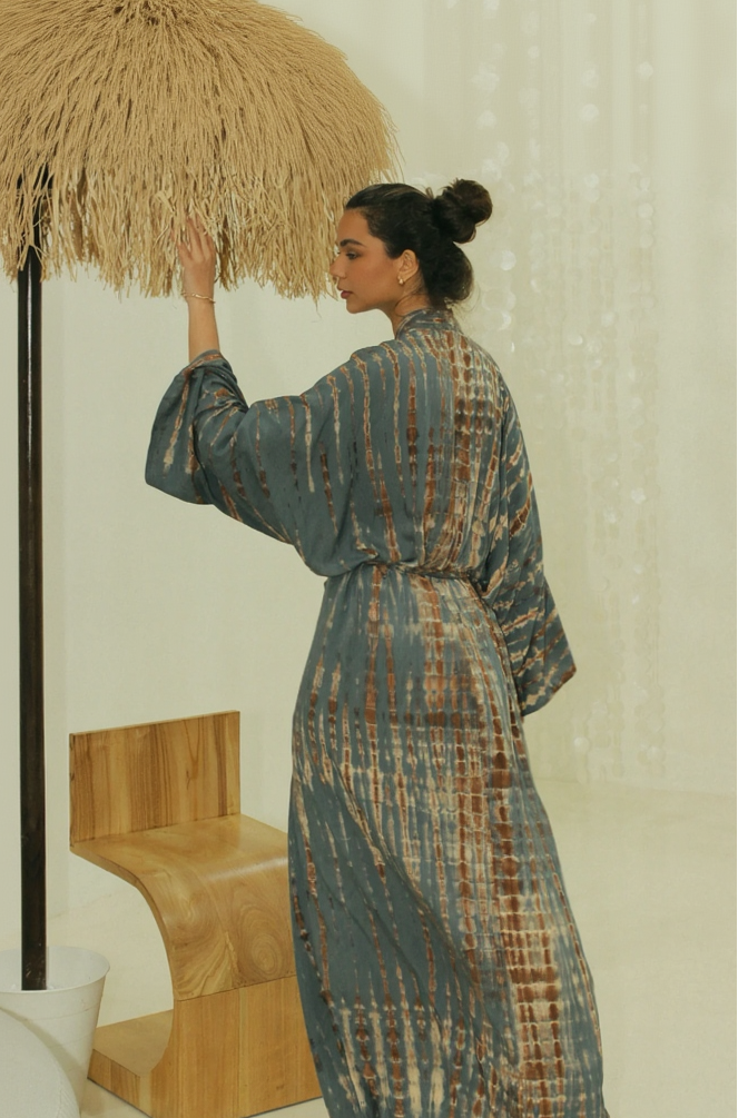 Back view of our flowing maxi outerwear for beach and resort styling - Tulalara