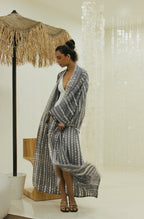 Flowing Bali tie-dye maxi kimono with adjustable waist tie for summer wear - Tulalara