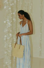 Elegant halter neck jumpsuit in soft blue and white Bali tie-dye tones - Tulalara