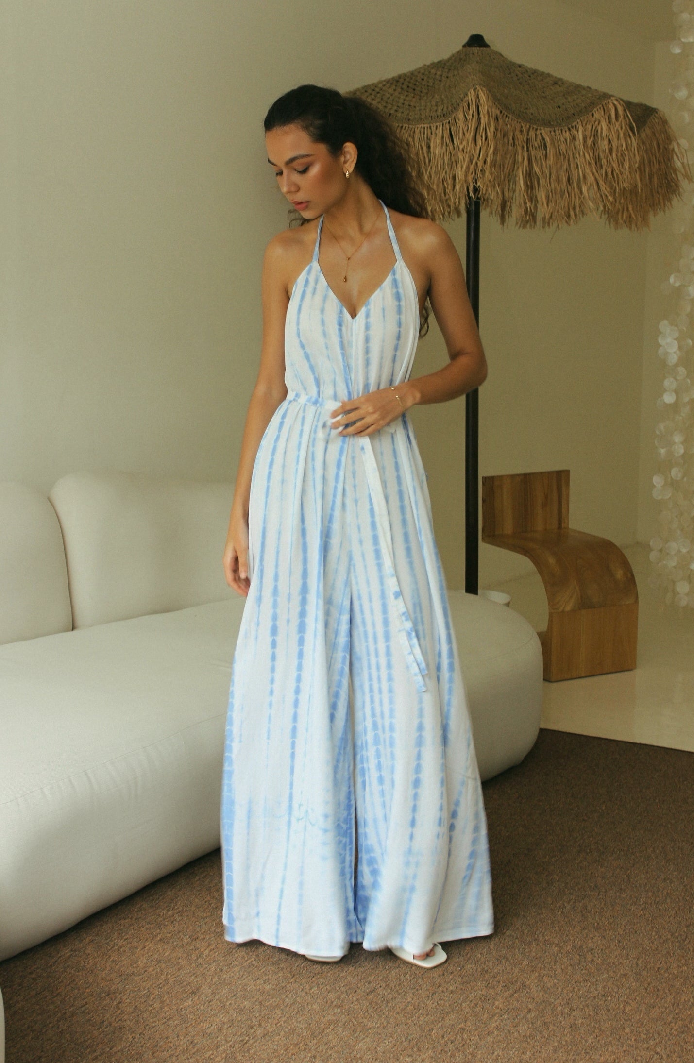 Handmade Bali tie-dye resort wear jumpsuit with adjustable waist - Tulalara