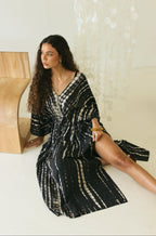 Relaxed silhouette Bali tie-dye beach maxi kaftan dress in black and white - Tulalara