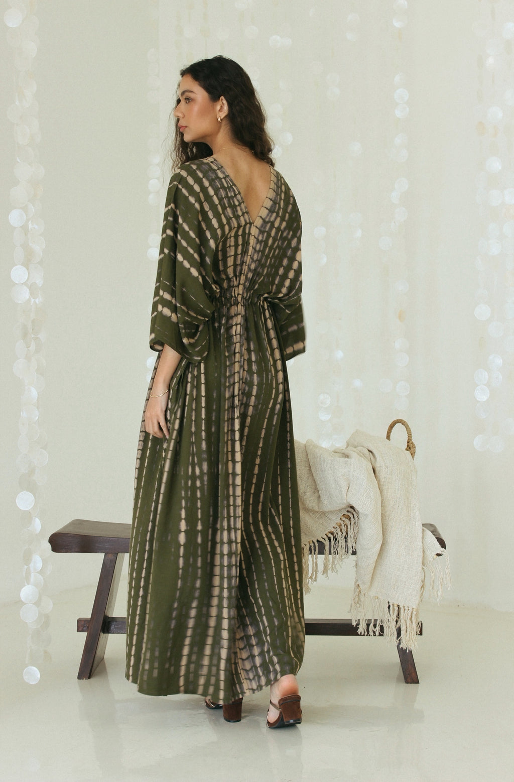 Back view of olive green Bali tie-dye maxi kaftan dress 