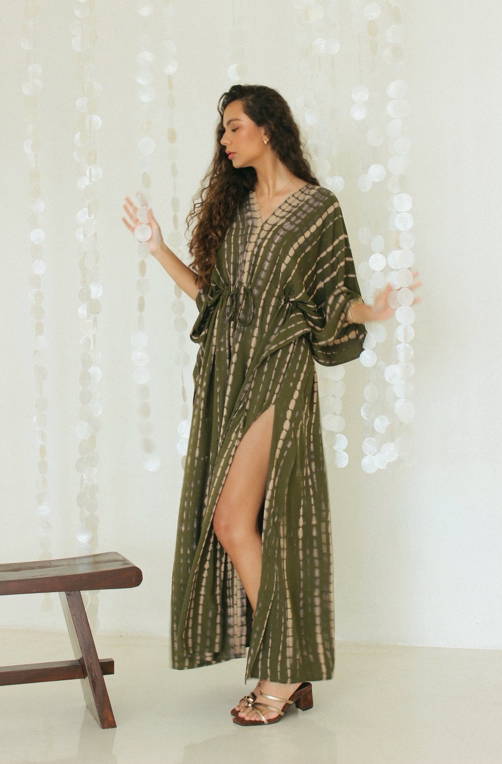 Moss Green Kaftan with adjustable drawstring waist and flowing maxi silhouette – Tulalara