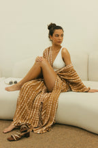 Handmade Bali tie-dye robe in warm earthy brown tones for summer wear - Tulalara