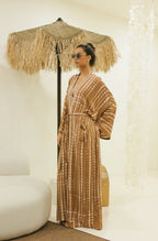 Brown Bali tie-dye maxi kimono with flowing relaxed silhouette - Tulalara
