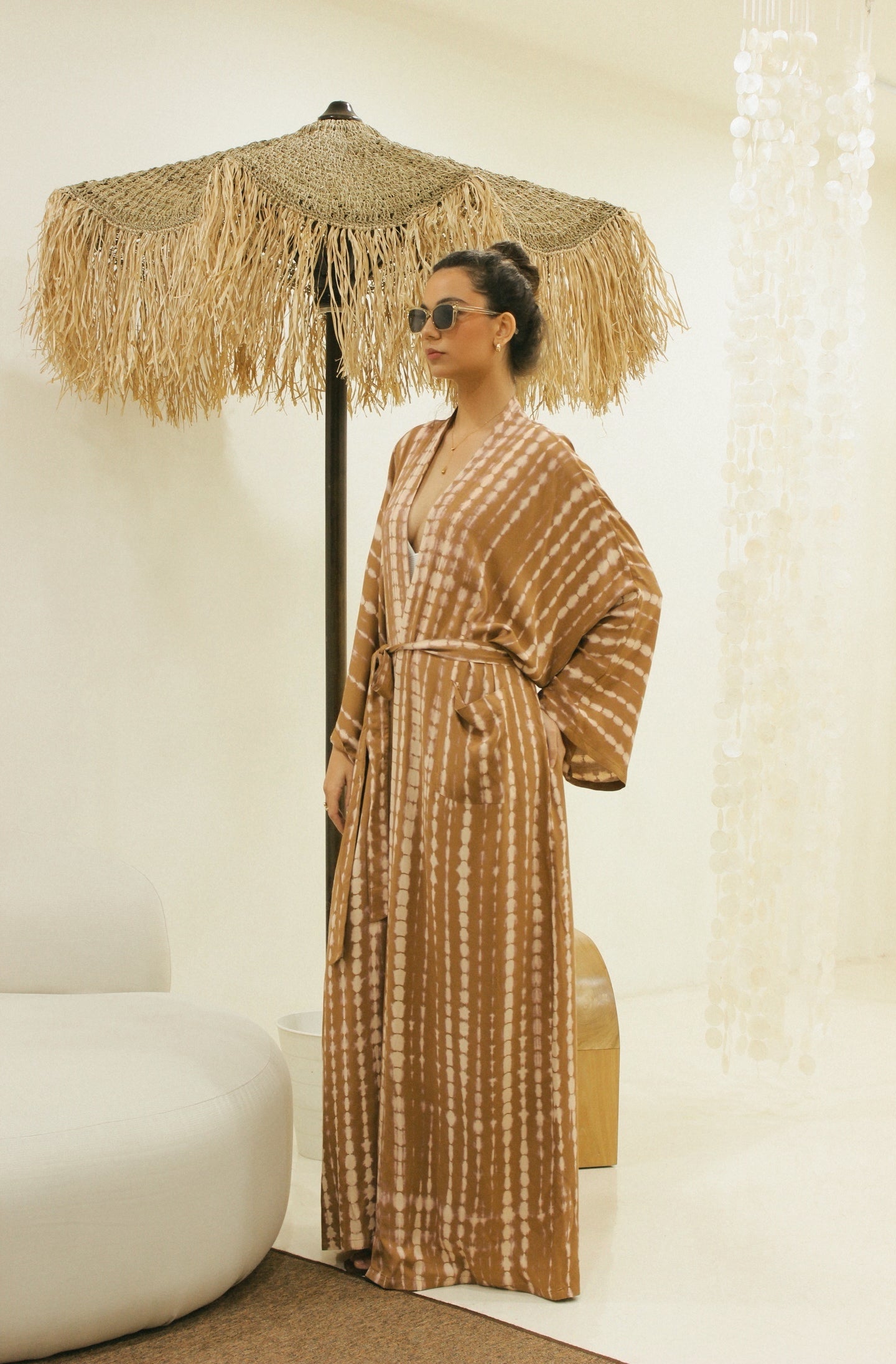 Brown Bali tie-dye maxi kimono with flowing relaxed silhouette - Tulalara