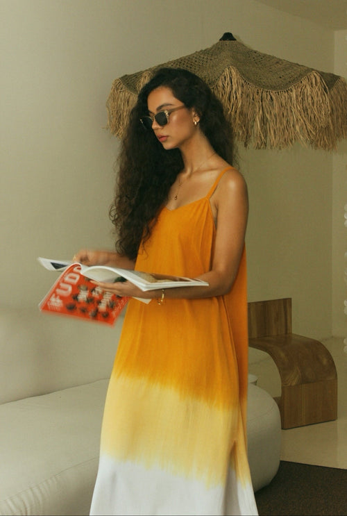 Orange gradient ombré maxi slip dress with relaxed flowing silhouette - Tulalara