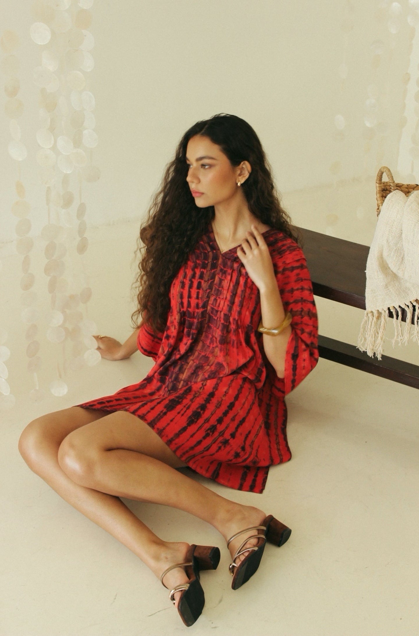 Red Bali tie-dye mini kaftan dress with relaxed fit - Tulalara