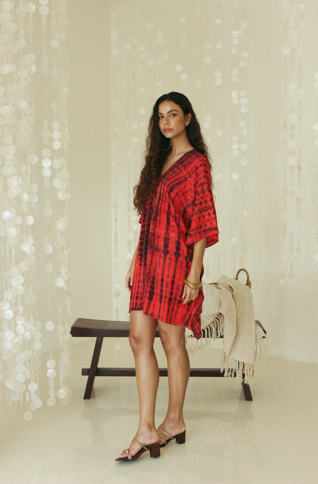 Side view of red and black Bali tie-dye summer dress for women - Tulalara