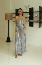 Grey Bali tie-dye halter maxi dress with relaxed flowing silhouette for resort and summer wear - Tulalara