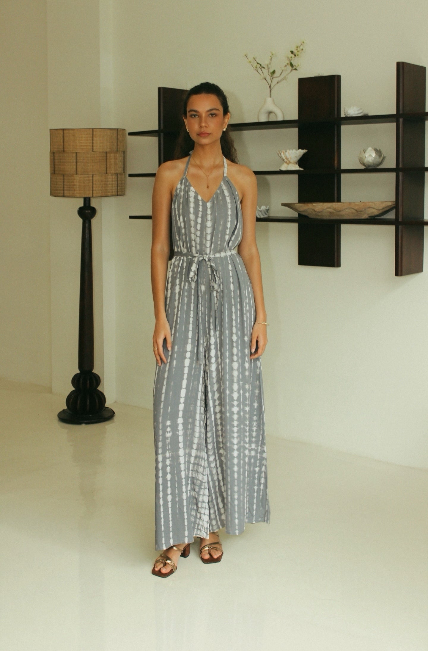 Grey Bali tie-dye halter maxi dress with relaxed flowing silhouette for resort and summer wear - Tulalara