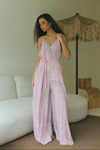 Handmade Bali tie-dye wide leg jumpsuit in soft pink tones - Tulalara