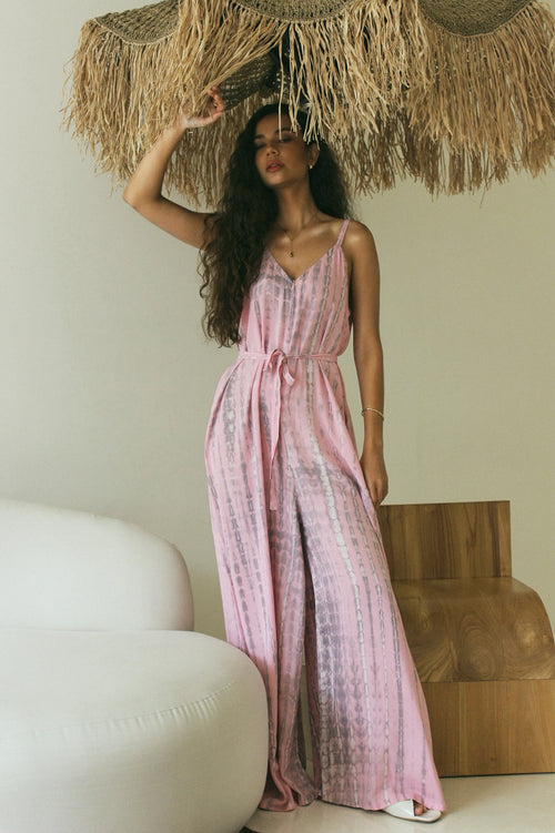 Pink Bali tie-dye jumpsuit with relaxed flowing silhouette - Tulalara